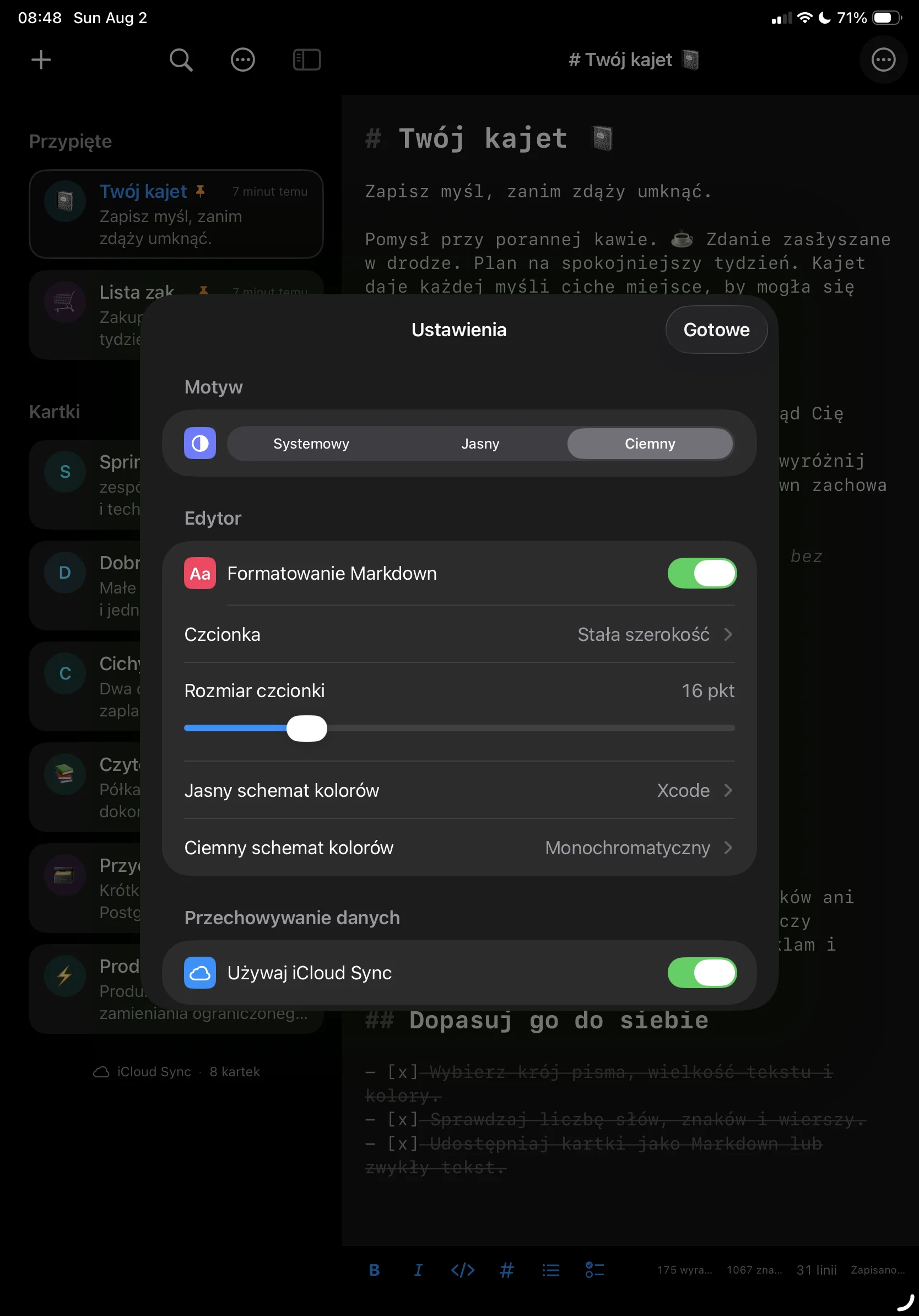 Arkusz ustawień na iPadzie: wygląd, obsługa Markdown, krój i rozmiar pisma, schematy kolorów i synchronizacja iCloud.