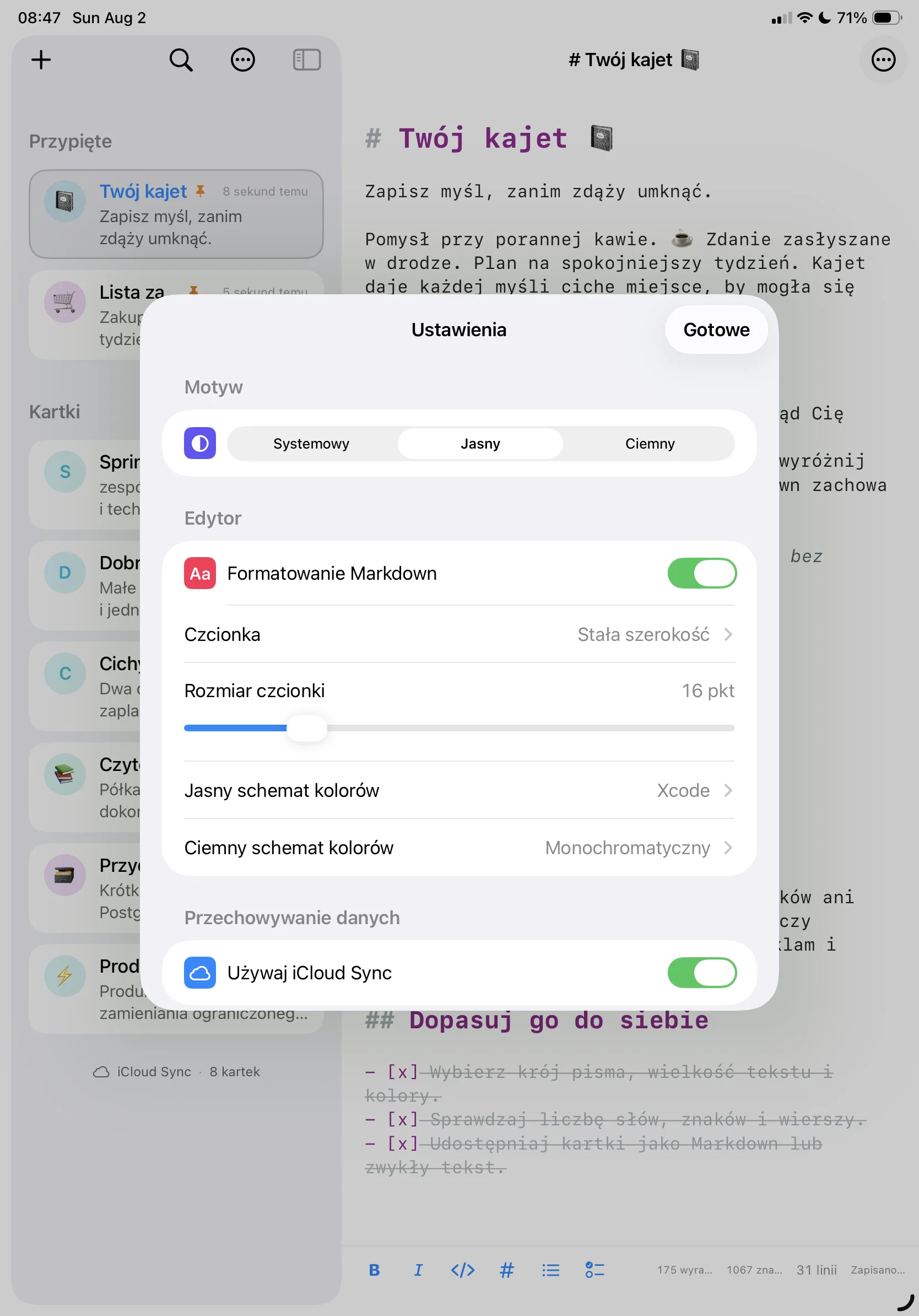 Arkusz ustawień na iPadzie: wygląd, obsługa Markdown, krój i rozmiar pisma, schematy kolorów i synchronizacja iCloud.