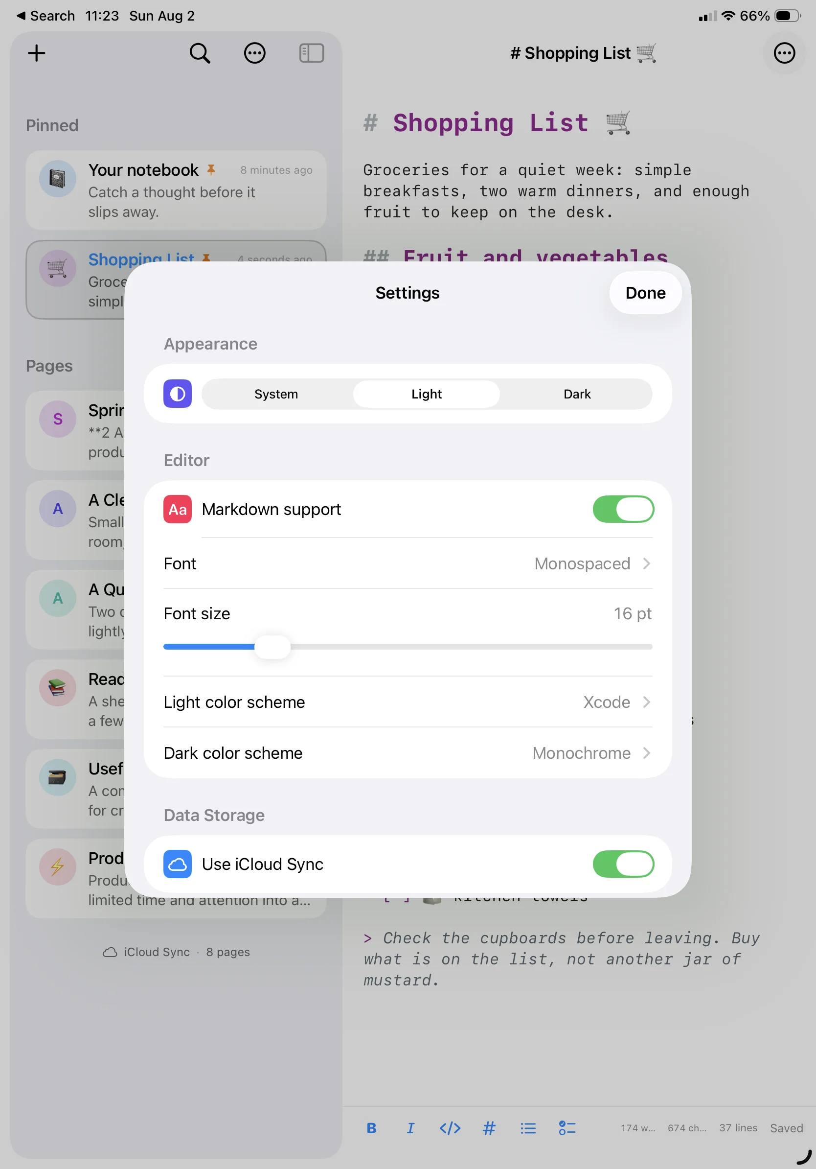 The settings sheet on iPad: appearance, Markdown support, typeface and size, colour schemes and iCloud sync.