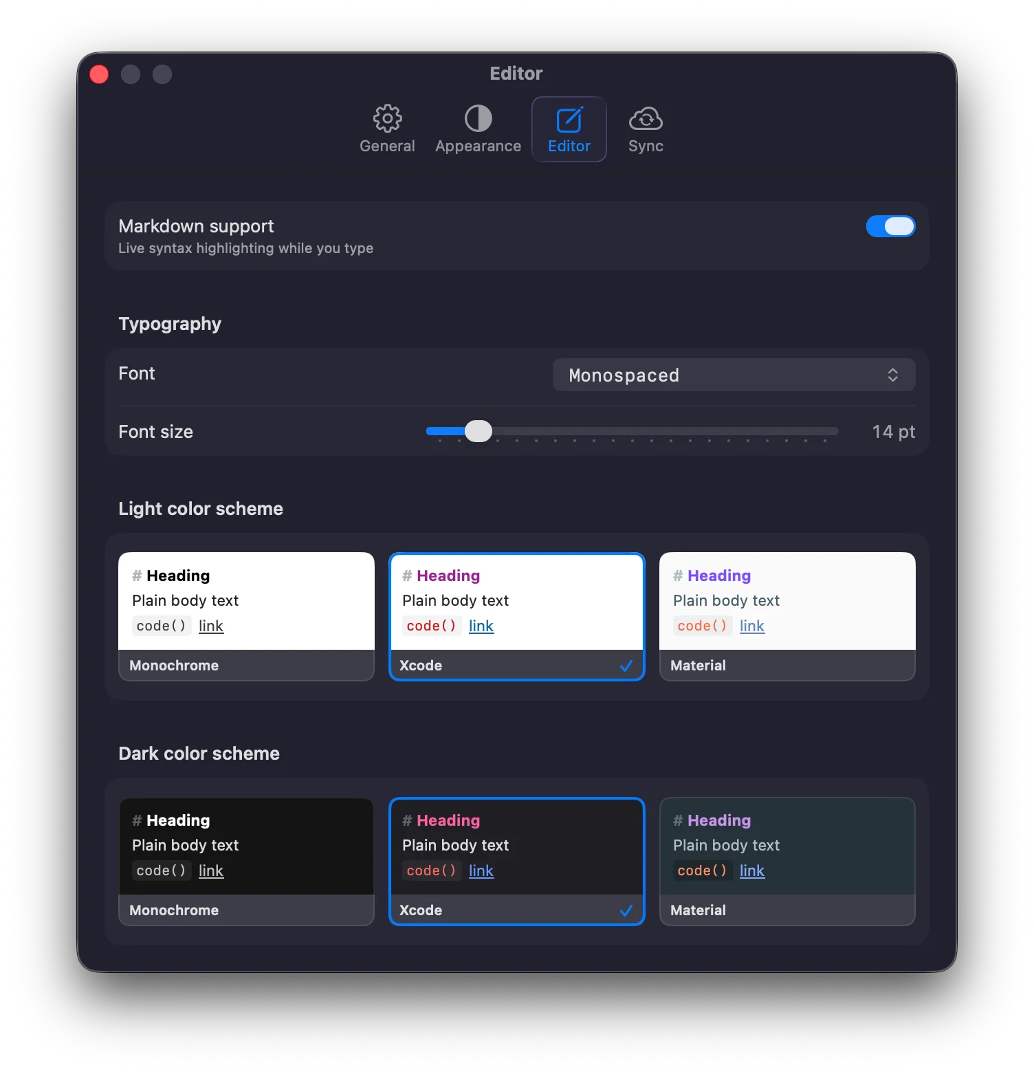 Editor settings on Mac: a Markdown switch, the editor typeface and size, and separate colour schemes for the light and the dark appearance.