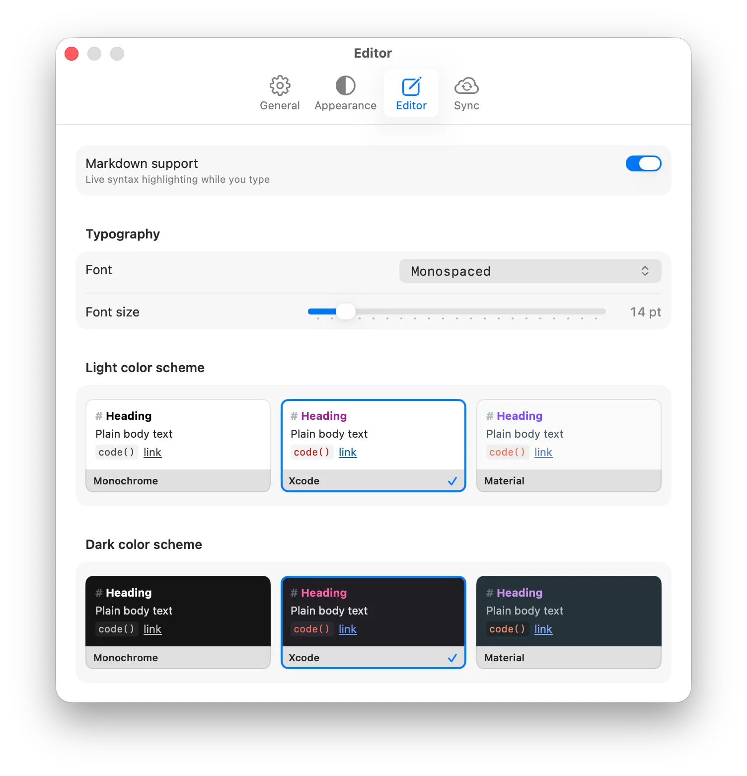 Editor settings on Mac: a Markdown switch, the editor typeface and size, and separate colour schemes for the light and the dark appearance.