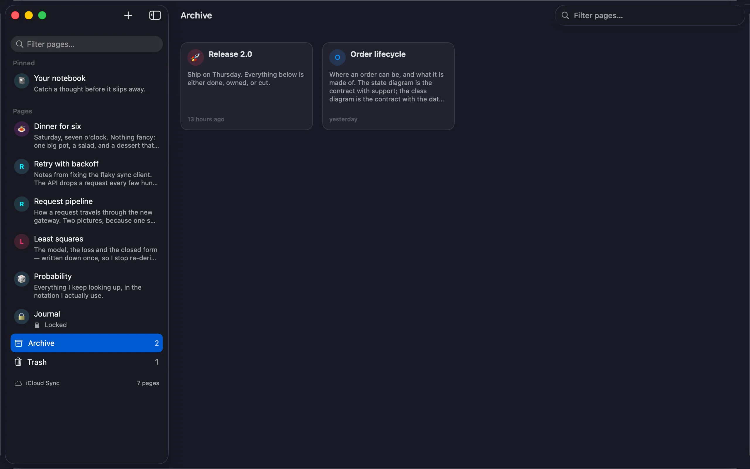 The archive on Mac, opened as its own screen: archived pages as tiles with their own search field above them.