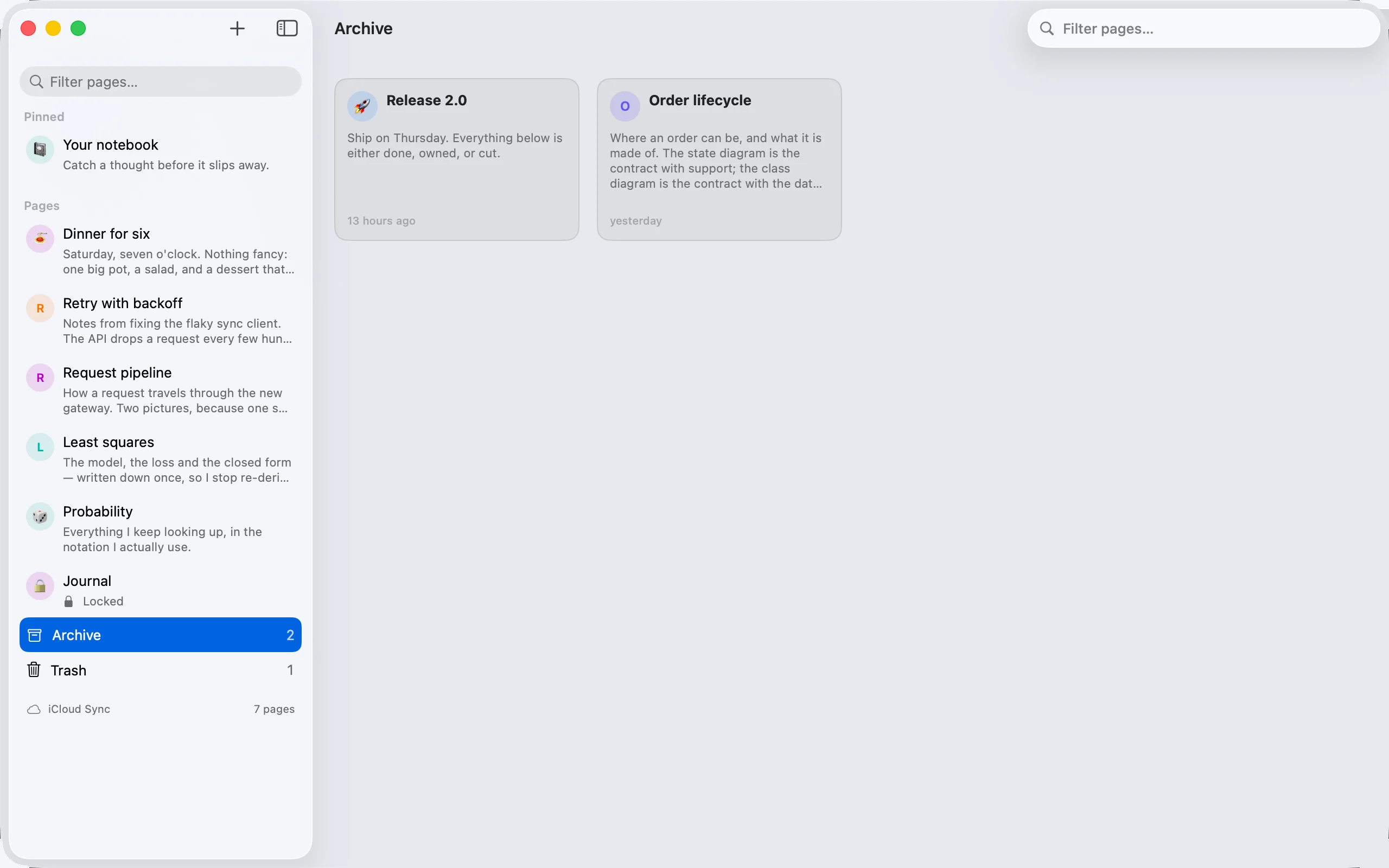 The archive on Mac, opened as its own screen: archived pages as tiles with their own search field above them.