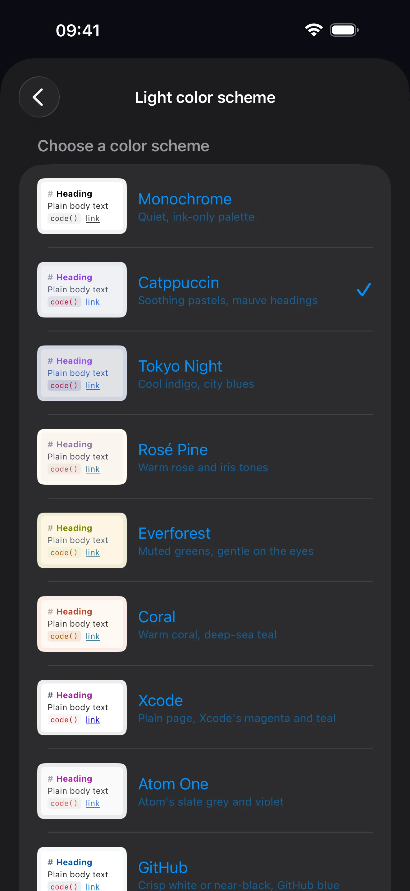 The colour scheme picker on iPhone, listing Monochrome, Catppuccin, Tokyo Night, Rosé Pine, Everforest, Coral, Xcode, Atom One and GitHub with a preview beside each.