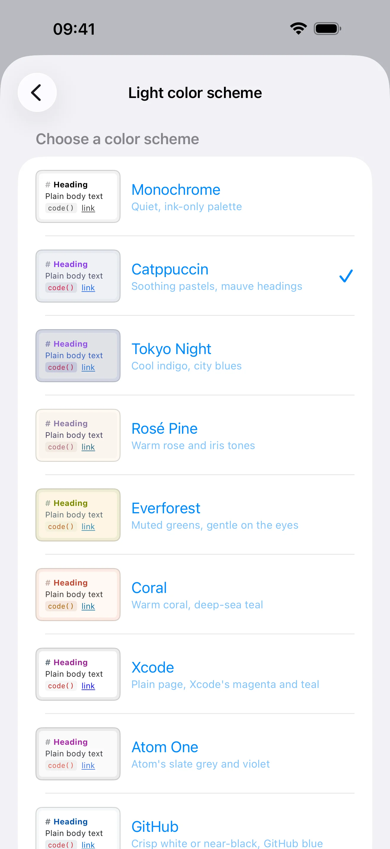 The colour scheme picker on iPhone, listing Monochrome, Catppuccin, Tokyo Night, Rosé Pine, Everforest, Coral, Xcode, Atom One and GitHub with a preview beside each.