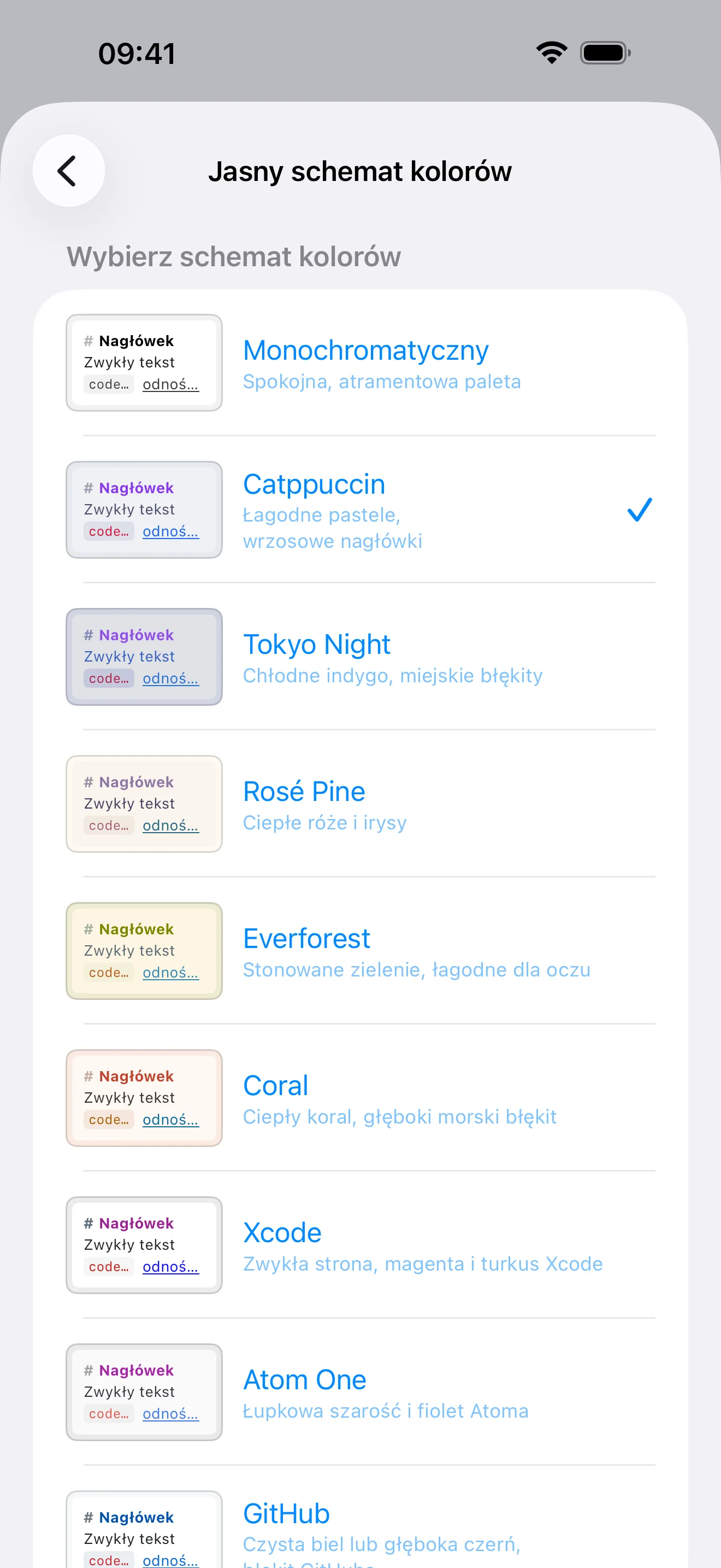 Wybór schematu kolorów na iPhonie: Monochrome, Catppuccin, Tokyo Night, Rosé Pine, Everforest, Coral, Xcode, Atom One i GitHub, każdy z podglądem obok.