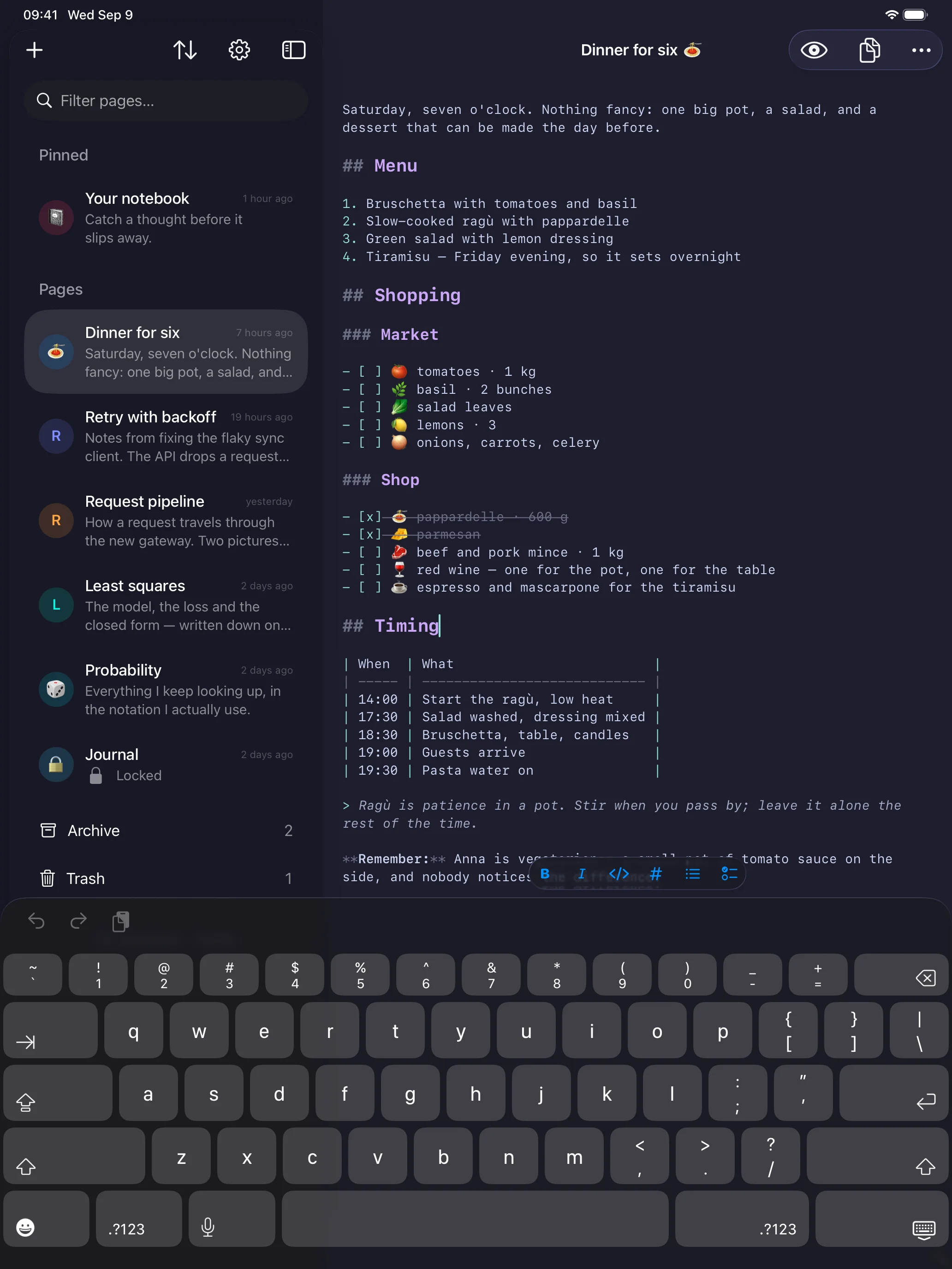 Writing on iPad with the software keyboard up and the formatting bar — bold, italic, code, heading, bullet and task — floating inside the editor column.