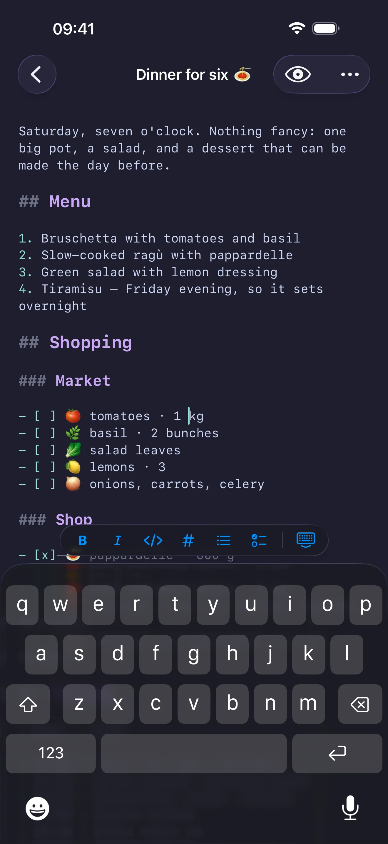 Writing on iPhone with the formatting bar for bold, italic, code, headings, lists and tasks floating above the keyboard.