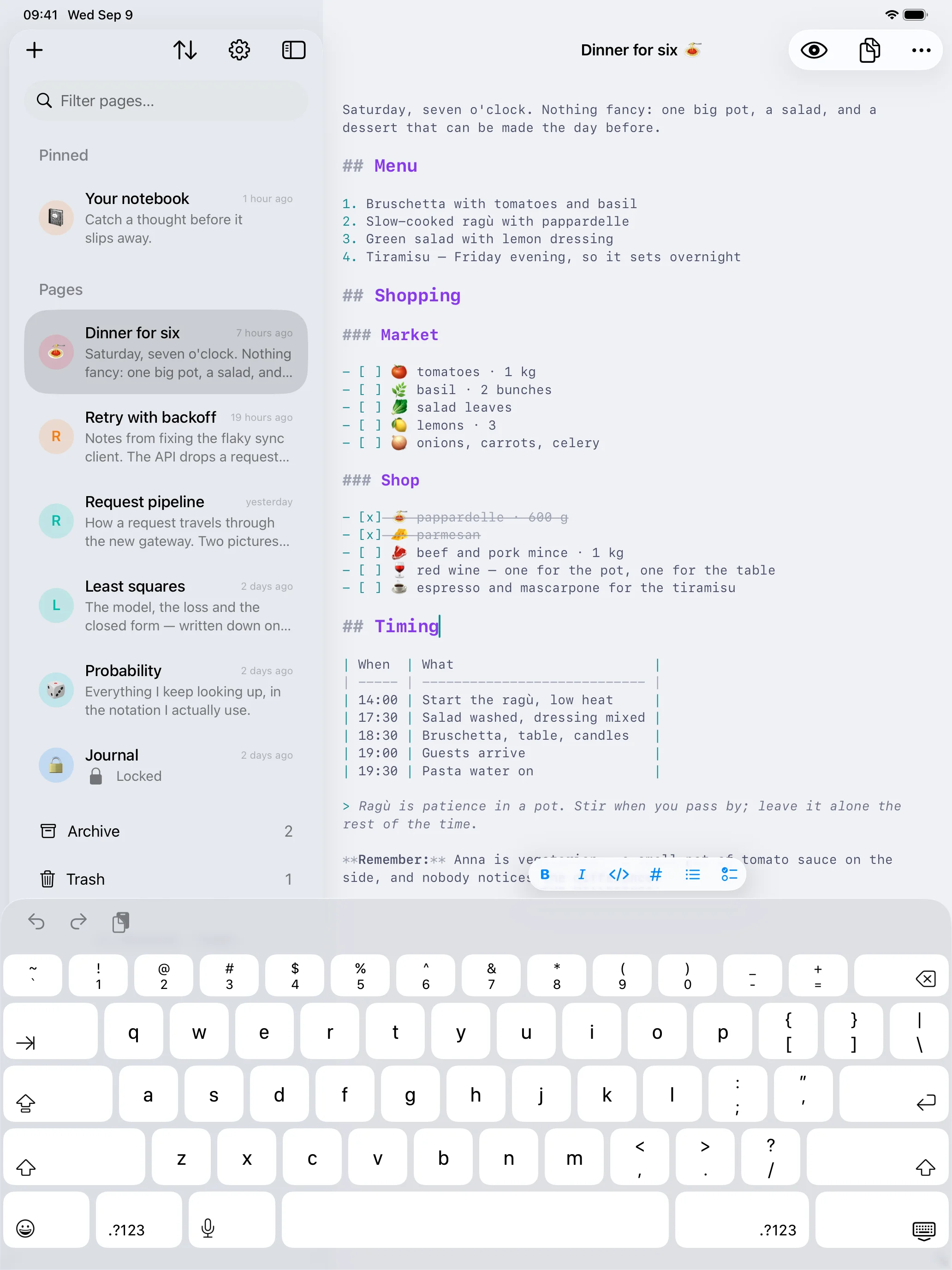 Writing on iPad with the software keyboard up and the formatting bar — bold, italic, code, heading, bullet and task — floating inside the editor column.